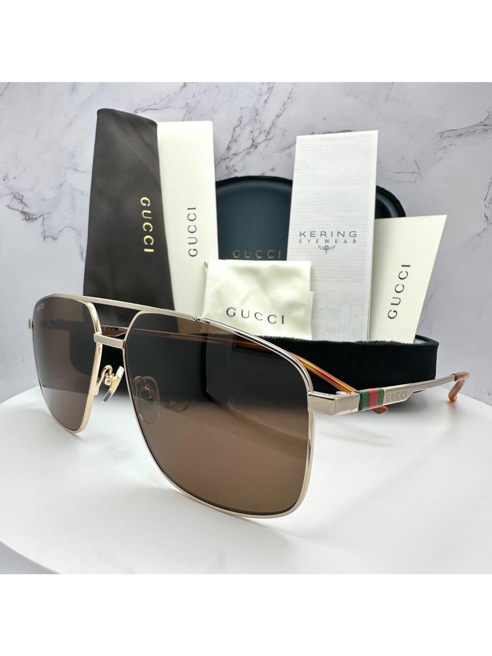 New GUCCI Sunglasses Gold Metal Square Aviator Pilot Red Green Web Logo Mens